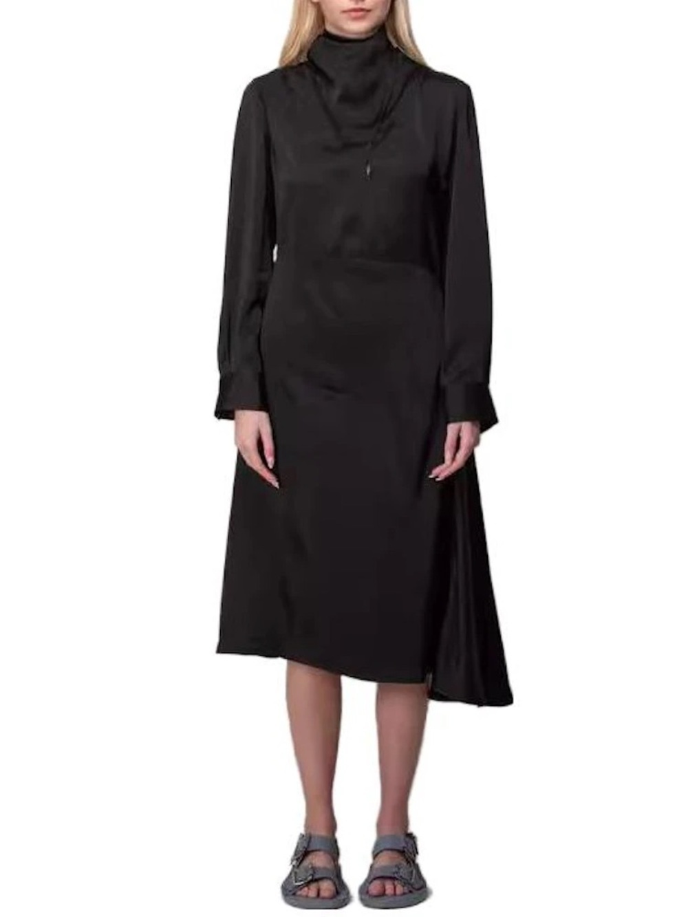 NWT Jil Sander Fluid Viscose Silk Long Sleeve A Line Midi Dress Black Sz 36